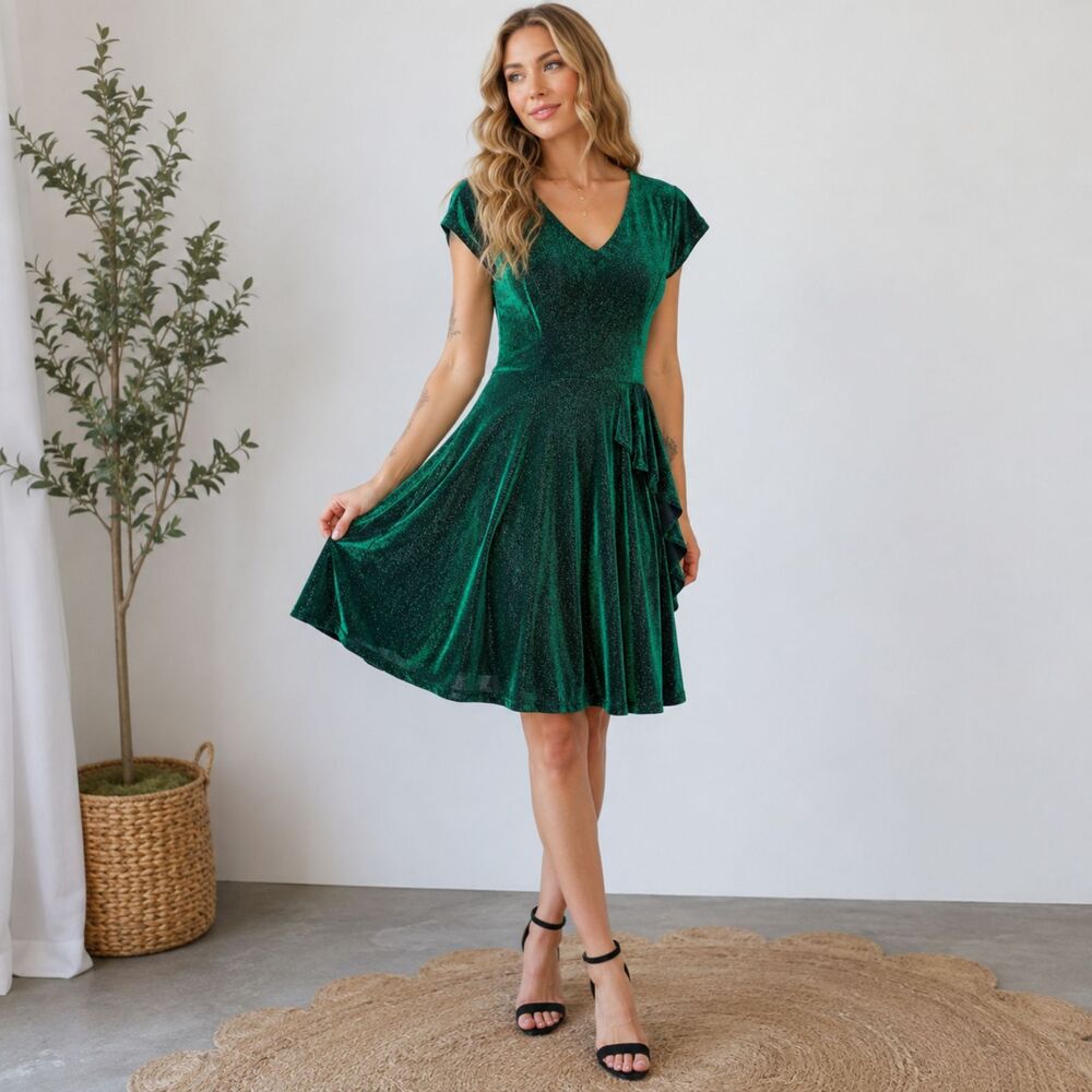 WeTrend Emerald Green Shimmer V-Neck Dress Party Wedding Club Shimmer